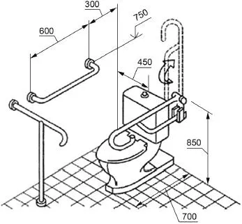 Примеры оборудования поручнями туалетных комнат или кабин ванных и душевых комнат в общественных зданиях и сооружениях