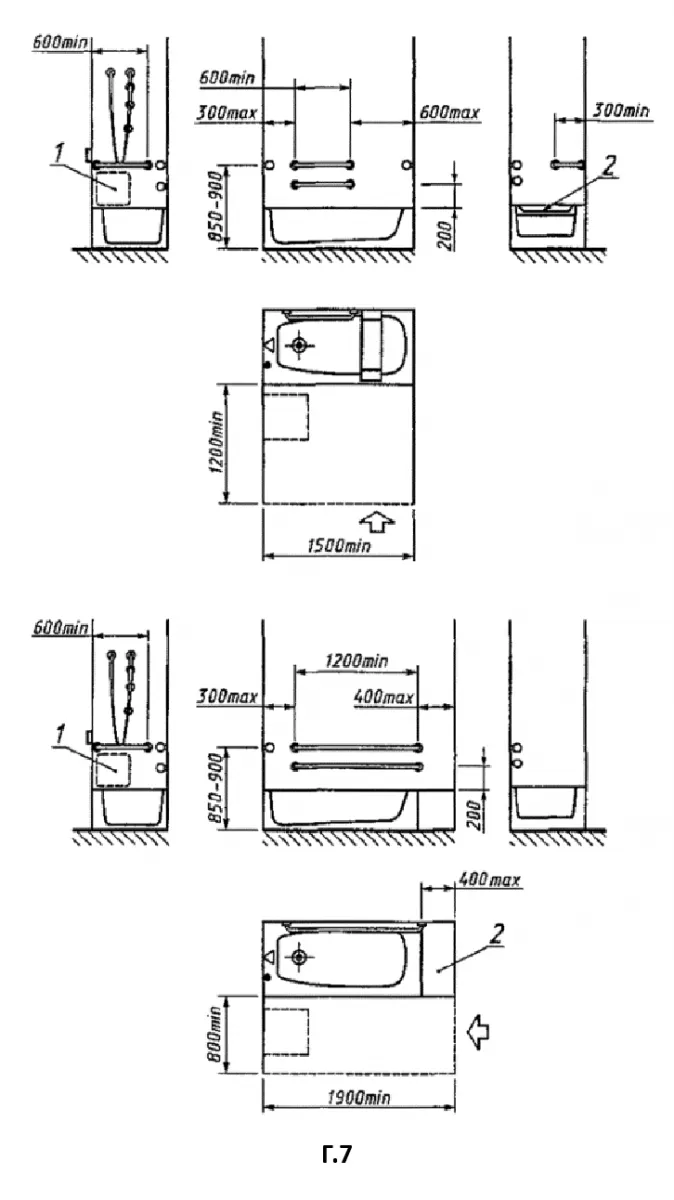 Примеры оборудования поручнями туалетных комнат или кабин ванных и душевых комнат в общественных зданиях и сооружениях.