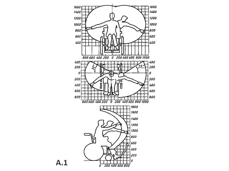 Зона досягаемости для инвалидов-мужчин в кресле-коляске.
