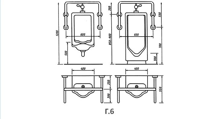 Примеры оборудования поручнями туалетных комнат или кабин ванных и душевых комнат в общественных зданиях и сооружениях.