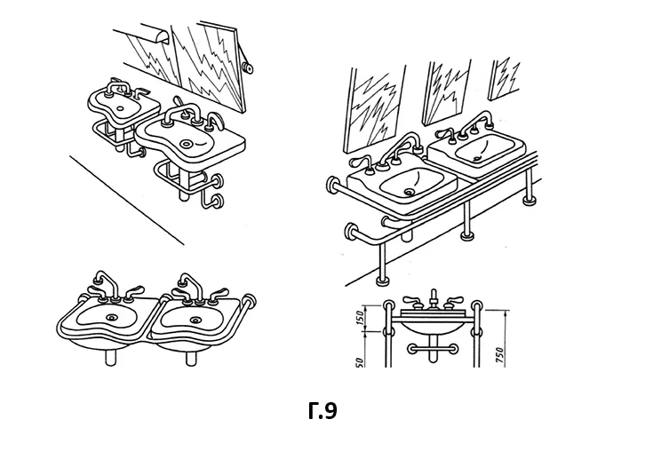 Примеры оборудования поручнями туалетных комнат или кабин ванных и душевых комнат в общественных зданиях и сооружениях.