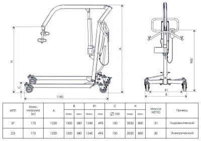 Передвижной подъемник для инвалидов - размеры